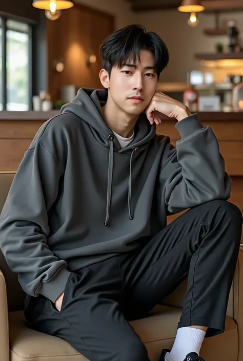 A young Japanese man in his mid-twenties sits comfortably in a trendy cafe, exuding a stylish and refined aesthetic. He sports a short, sleek black haircut, paired with a relaxed-fit dark grey hoodie and a soft white long-sleeved T-shirt underneath. His ou...