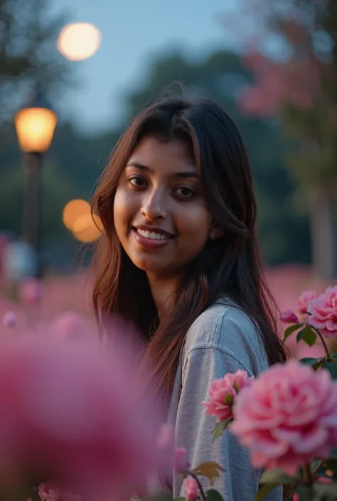 (best quality, masterpiece),1girl, solo, looking at viewer, smile, brown hair, outdoors, brown eyes, lips, night, ground vehicle, portrait, standing in pink flowers park, realistic, car, lamppost , 8k uhd, dslr, soft lighting, high quality, film grain, Fuj...