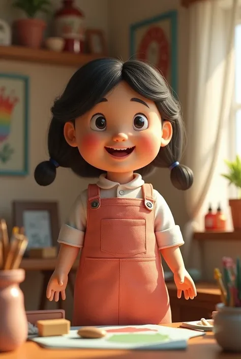 Happy 3d doll with salmon apron in a small studio 