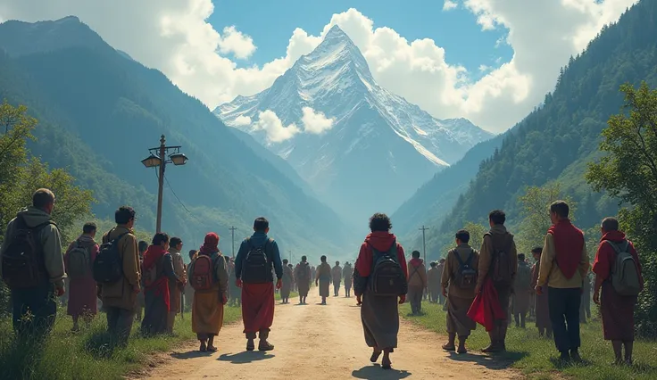 "Imagine the people of Nepal standing at a chautaro (crossroads), surrounded by breathtaking views of mountains and lush greenery. Their faces reflect uncertainty and hesitation, as if they are unprepared to face the challenges of the future. Each individu...