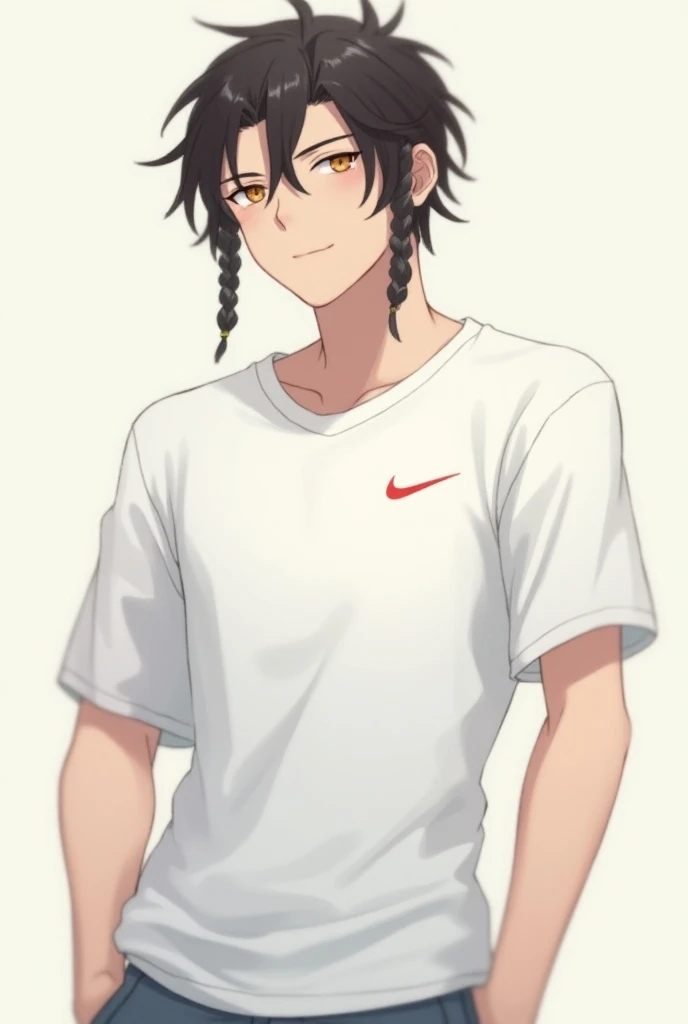 An anime-style character, he is a brunette with braids in his hair and has a slim but defined body, wearing a white Nike shirt. 