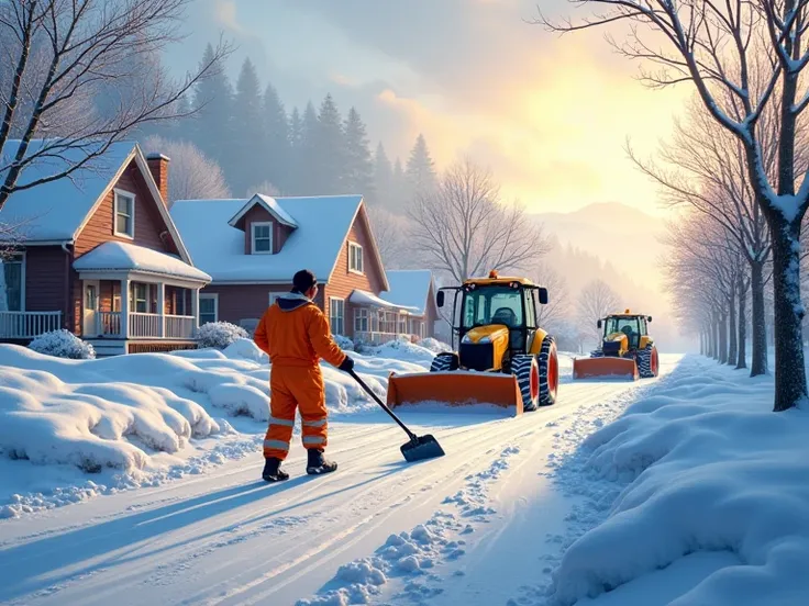  Image of a winter landscape with lots of snow ,  On which a team of snow removal professionals work .  In the foreground a man in a bright jumpsuit with a shovel is visible,  snow removal equipment that clears snow from the pavement .  In the background, ...