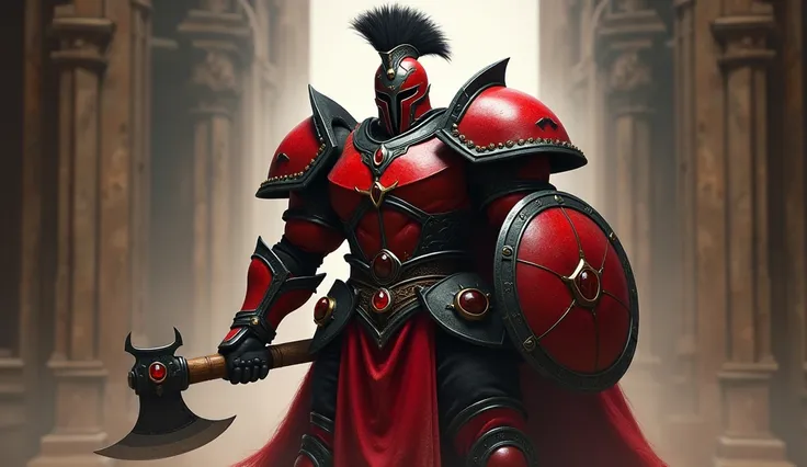 ----

** prompt :**
 heavily armed warrior character wearing red armor 。 wears a helmet with a mohawk-shaped decoration on the head 、 has a powerful body and an intimidating atmosphere 。A sharp battle axe in one hand 、 holds a round shield with a red jewel...