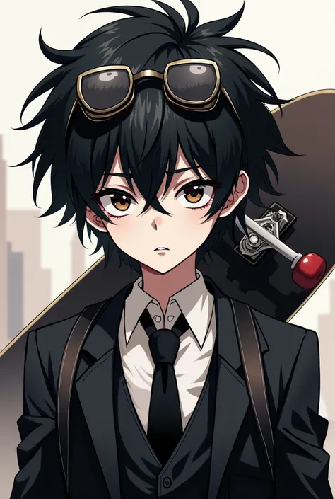 A messy black-haired boy , pale skin,   in a black suit and a white shirt with a black tie and round lenses and on the head of an accessory who has punk glasses with slanting and on his back a skateboard hanging from his back and also who has serious anime...