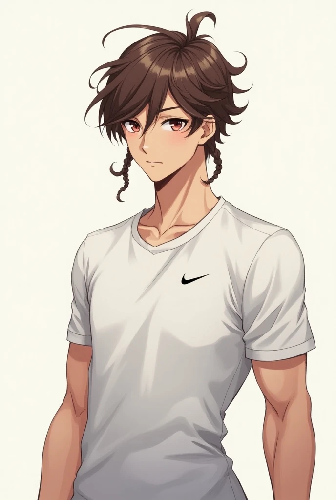 An anime-style character, he is a brunette with Nago braids in his hair and has a slim but defined body, wearing a white Nike shirt. 