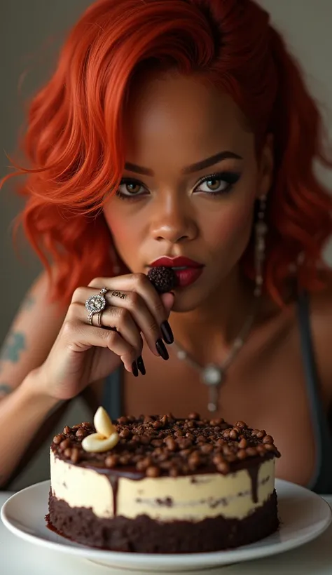 Red-haired Rihanna sucking her fingers on a cake 