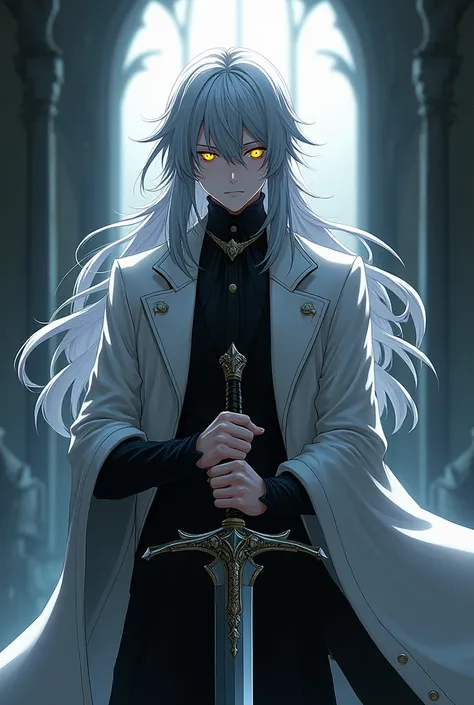 Vampire,MASCULINE,knight,eyes with yellow pupils,long gray hair,sword in hand,poder de gravAge estlo anime medieval,Age(1),adolescent,white overcoat.