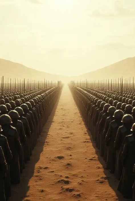 An army seen from long distance with empty ground in between and they are aligned horizontally