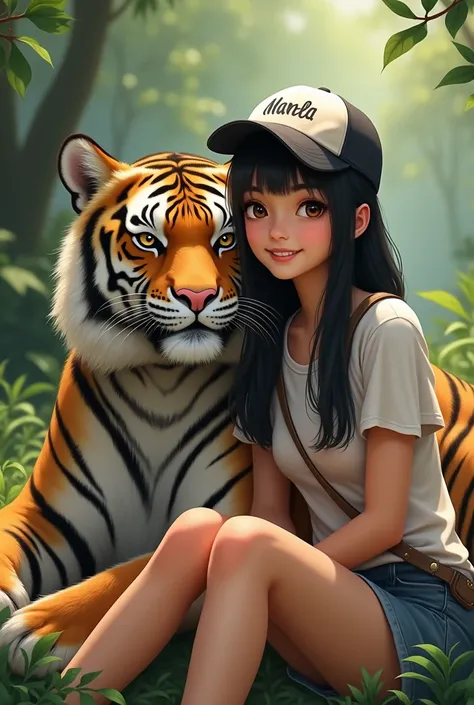 A 29-year-old woman with straight black hair and light brown eyes with a platform strap on her side and a cap with her name read long hair sitting with a tiger on her side smiling in a t-shirt 