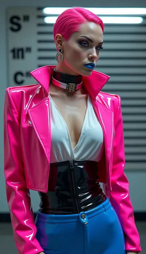 angelina jolie, vue de profil, latex brillant, dominatrice, chemisier en latex blanc, serre taille latex noir, costume pantalon en latex bleu, ceinture latex noir, futuriste veste courte en latex rose fluo, larges épaulettes en latex rose fluo, cuissardes ...