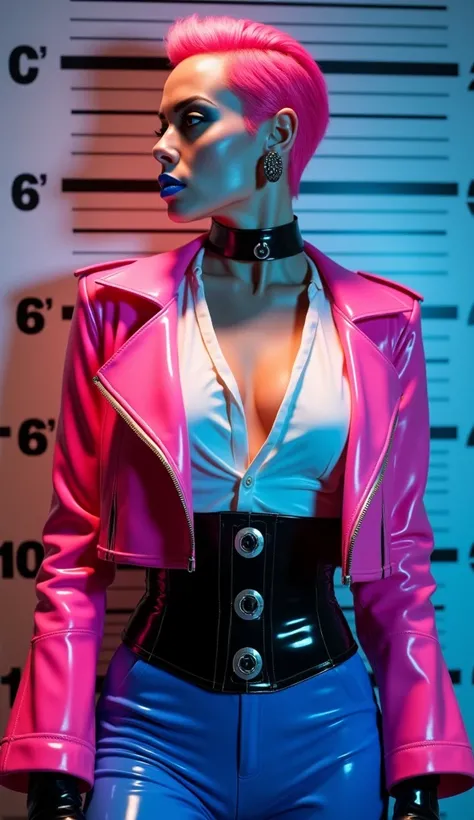 angelina jolie, vue de profil, latex brillant, dominatrice, chemisier en latex blanc, serre taille latex noir, costume pantalon en latex bleu, ceinture latex noir, futuriste veste courte en latex rose fluo, larges épaulettes en latex rose fluo, cuissardes ...