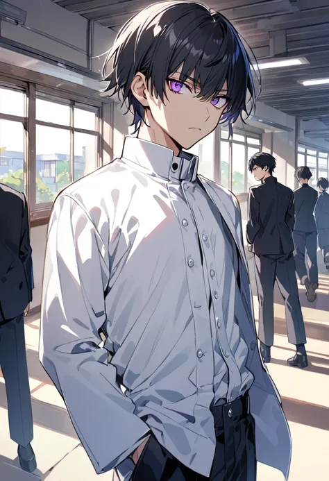  handsome, 1 male,  high school students, Alone,  short hair,  straight hair , With bangs, Black Hair, Sharp Eye,  purple eyes, gakuran, open topwear, Open front clothing,  white shirt worn inside, Expressionless, School,  detailed background 