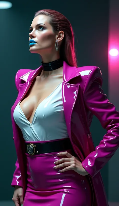 angelina jolie, vue de profil, latex brillant, dominatrice, chemisier en latex blanc, serre taille latex noir, costume jupe crayon en latex violet, ceinture latex noir, futuriste veste courte en latex rose fluo, larges épaulettes en latex rose fluo, cuissa...