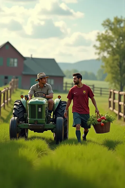 Generate a hyper-realistic image of Cristiano Ronaldo and Lionel Messi working together on a farm. Ronaldo is driving a tractor through a green field while Messi walks beside him, holding a basket filled with freshly picked vegetables. Both are dressed in ...