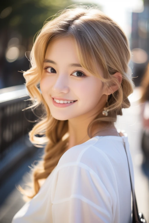  studio light 、 Depth of Field 、Upper body、Slender、 cute face、smile、 beautiful eyes、Japan 19 years old、 cute little、Warm silvery rich curls,、Plaza、rcasual