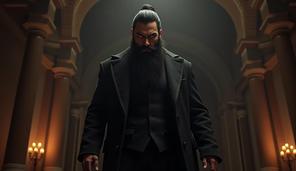 In rajastan indian man with 7ft height and full broad chess and sharp jawline hunter eyes and big Beard light fair in color having a dress black suit and it should be smart handsome and creepy angry man and indian  bit he should look like a vampire it look...