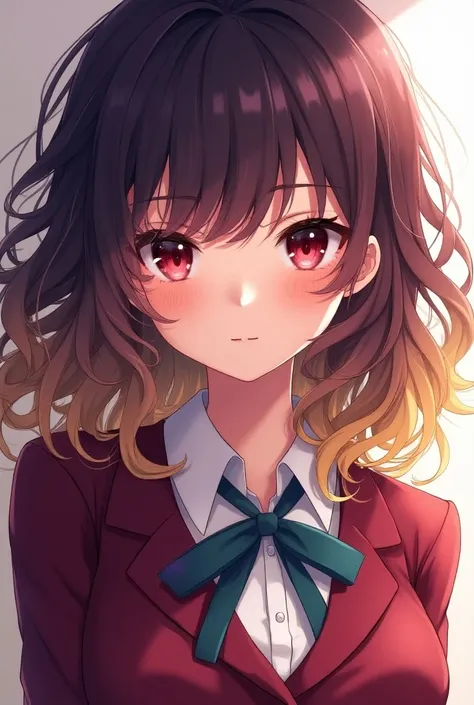 anime art: create a ID photo of a teenager girl close-up with her hair colored dirty-purpleyellow and curly long. she is undeniably gorgeous. shes wearing a maroon blazer and white blouse uniform, her eyes are dark red.