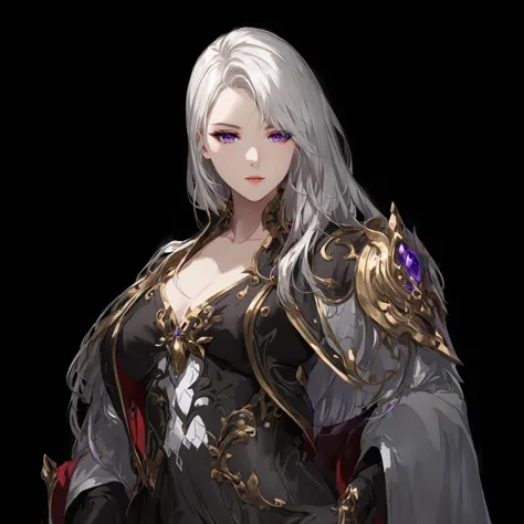 masterpiece, best quality, good quality, Highly detailed, shadowverse style, female, modern aesthetic, white hair, purple eyes, long white hair, elegant, make up
