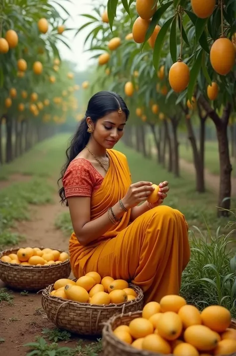 Create hyper realistic image of Tollywood actress Samantha Ruthu Prabhu doing farming in the Indian field and selling mangoes. The scene should be catchy and interesting with farming tools and mangoes here and there 