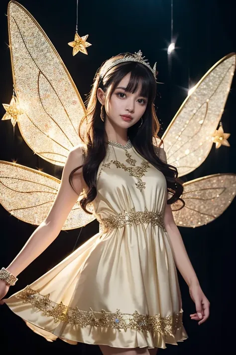 , break, Fashion: (Airy dress with bright-colored silk and transparent wings, embodying the graceful attire of a dancing fairy:1.4),
, break, Accessories: (Hairpiece woven with tiny twinkling stars, expressing the essence of a fairy, adding a sparkling rad...