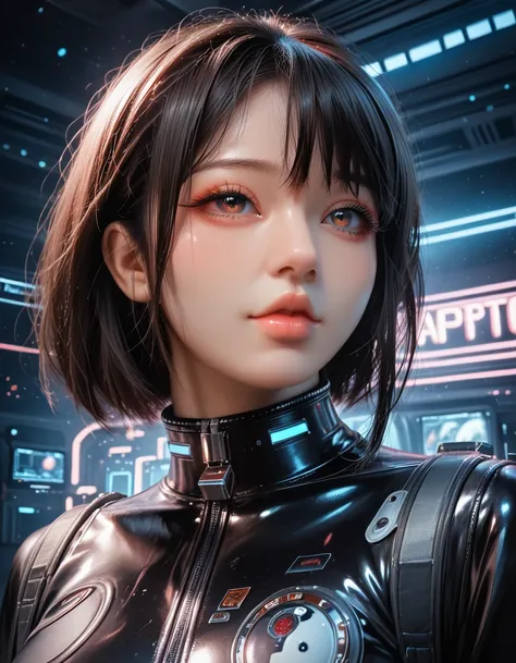 1girl, beautiful Asian woman, extremely detailed face and eyes, long eyelashes, full lips, large bust, tight latex spacesuit, futuristic sci-fi setting, space background, glowing neon lights, intricate details, cinematic lighting, vivid colors, (best quali...