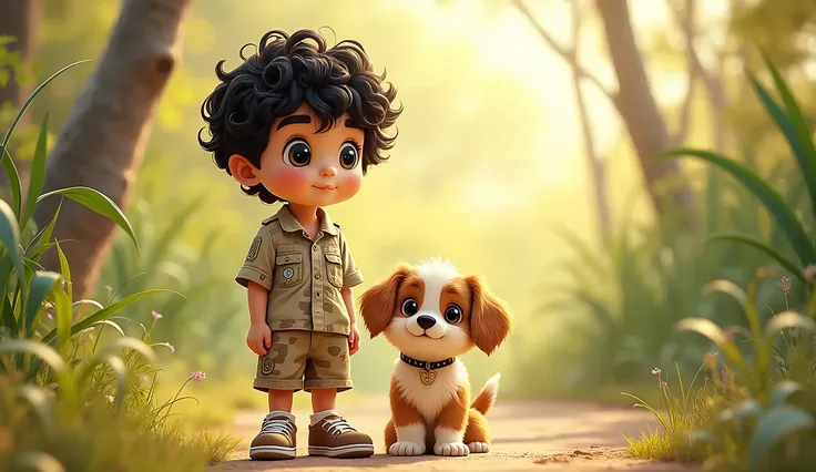 Drawing of a standing baby boy  with his puppy in short black curly hair, black eyes, brunette wearing a Safari themed dress, sitting with sneakers on her feet. Beautiful background 