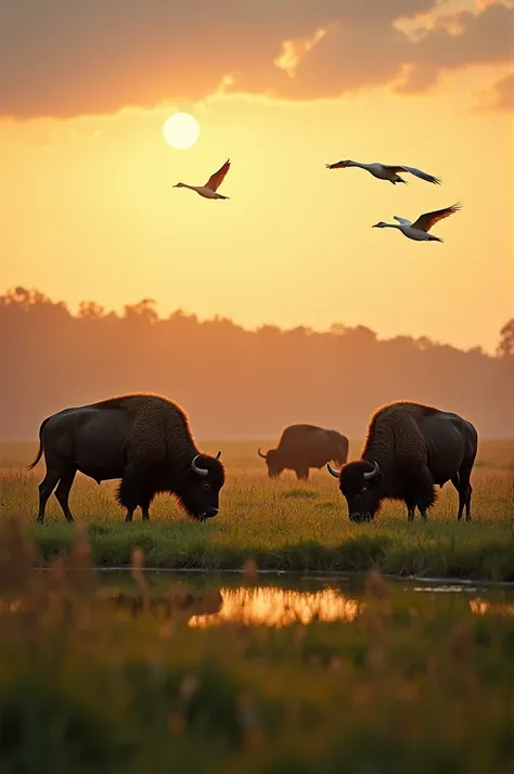 create photo situation in evening in the field and panorama bird and buffalo