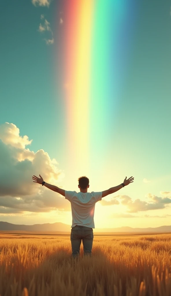 Looking up at the sky 、 a person standing with open arms in the middle of a vast prairie。 a rainbow symbolizing hope hangs above his head 、 the moment the mind becomes free for the future 。 positive energy to step out into a new world 