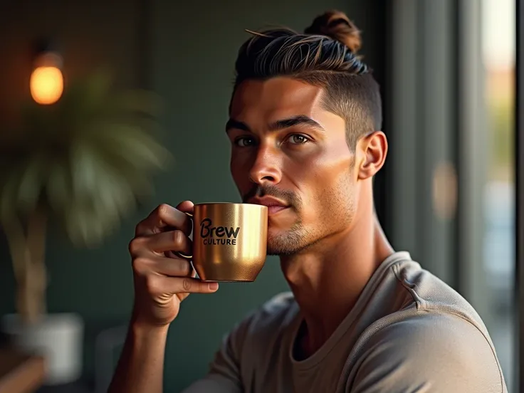 "Generate a hyper-realistic image of Cristiano Ronaldo, with brew culture coffee cup in his hand 