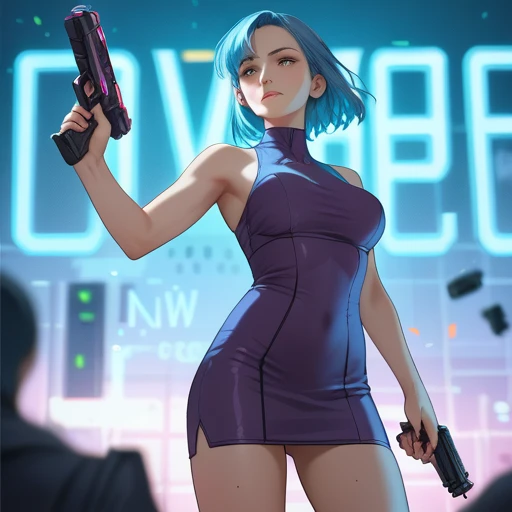 A 25-year-old woman with short, vibrant blue hair, wearing a sleek, sleeveless purple dress. She stands confidently, holding a futuristic gun in her hand, ready for action. The scene is set against a dynamic, futuristic background with high-tech elements a...