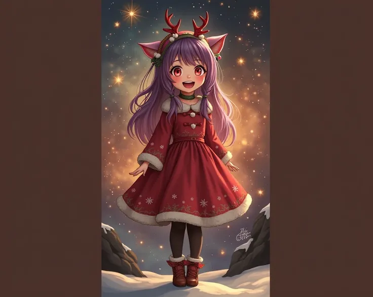  1 girl, alone,   Neko Galaxy background polar lights long hair, Purple hair, pink hair, Cat ears, smile, Open Mouth, Red lips, hair accessories, headband, anime, View Bon front wide angle , shoulder-long red Christmas antler dress