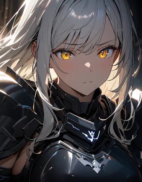 Masterpiece, best quality, 8k, dramatic lighting, 1girl, white hair, yellow eyes, intensive expression, black armor, breast plate, armor with a wolf logo (mature female, eye wrinkles),