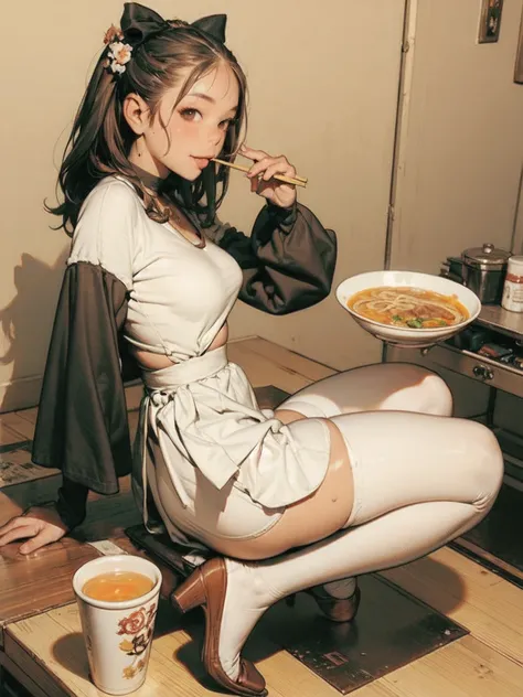 masterpiece, Best Quality,  Seductive Poses, perfect anatomy, Full Body Wide Angle , smile, ( sitting:1.1) ,Ichiraku Ramen, ( When I eat ramen  :1.0), I have chopsticks and a ramen bowl, Slurp the noodles,,  Silence Suzuka  (Horse Girl),  BLACK GLOVES, Whi...