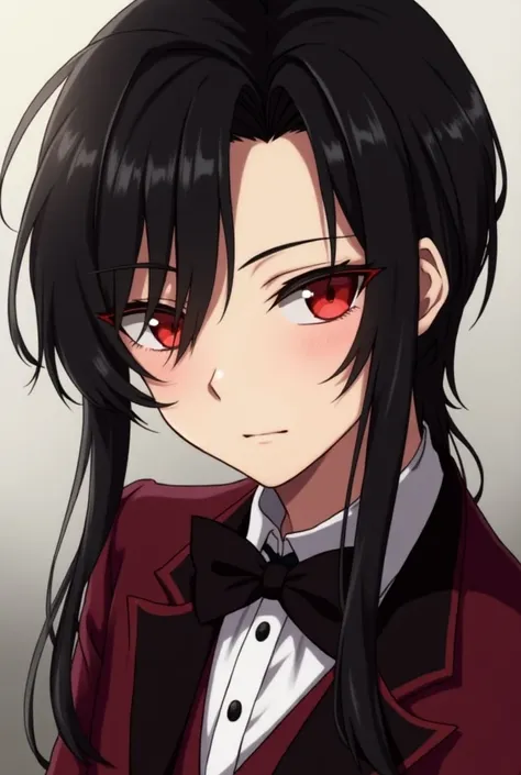 anime art: create a ID photo of a teenager boy close-up with his hair colored black and and lenghty-straight. but he undeniably handsome. hes wearing a maroon tuxedo uniform, his eyes are dark red, his skin is pale-honey.