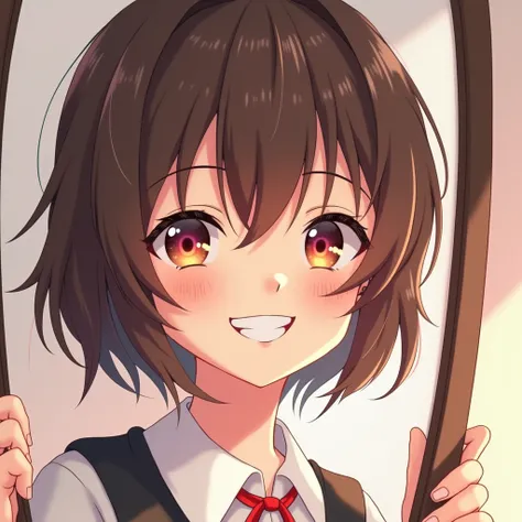 Another me in the mirror　profile　smile　solo,  high definition, Brown Hair, Bob Hair, Grin,  3d rendering , 8K Octane, anime, 