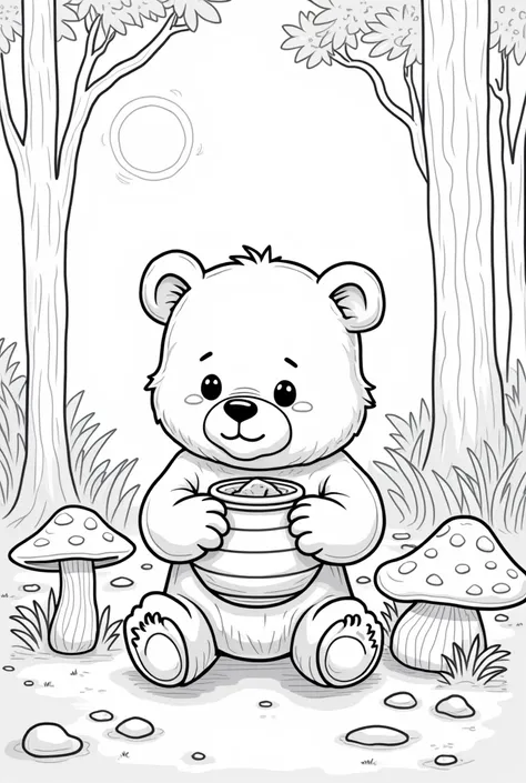 A cute bear cub playing in a forest with trees, mushrooms. and the sun is shining in the sky. The bear is holding a honey pot. (the lines should be thick and clear, without any shading, black and white, fine detail lines).