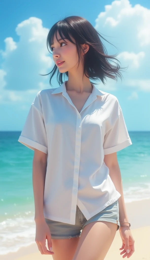 (Best Quality、masterpiece、8k、  best image quality、 hyperrealism、Award-winning works)、  one high school girl、(The most natural and perfect white polyester short sleeve collared shirt:1.2)、(Naked、 I only wear polyester collared shirts :1.2)、(Naked lower body...