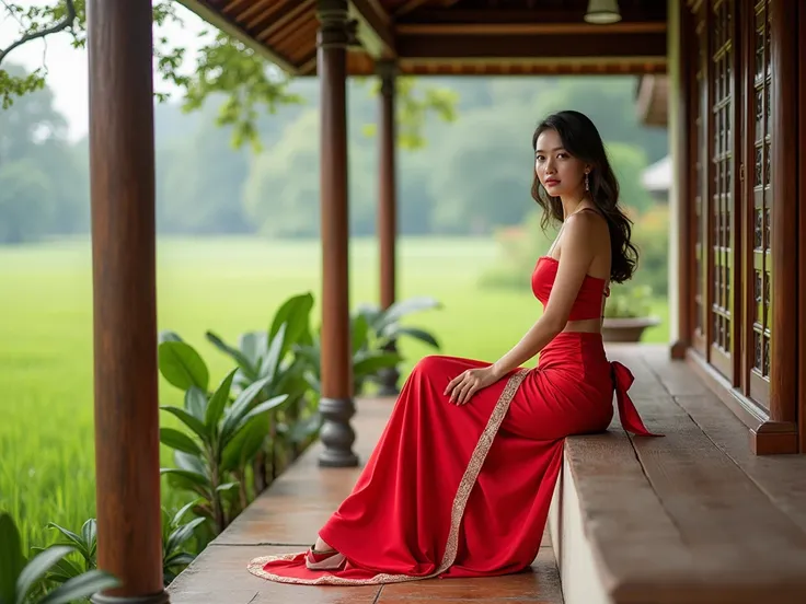 Young woman wearing chic modern Thai dress in bright red white sitting on Thai style house against green field background