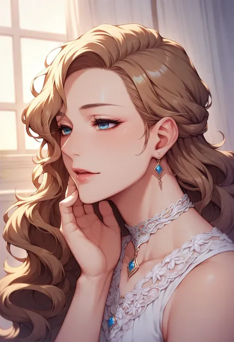  Create an anime-style character ,  long brown wavy hair, Soft Skin,  wearing a very elegant royal dress ,  a woman with a gentle expression and a cut on her cheek  