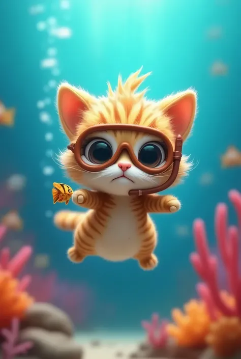 A cartoonish, 3D, cat with water-drop-shaped head, with fluffy, feather-like fur "flies" through the reef, wearing scuba gear, looking irresistibly cute. Her round, dark eyes are wide and expressive, with a slight, endearing sadness that makes her look ext...