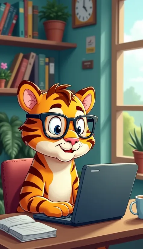 Tiger want to learn coding, cartoonish 