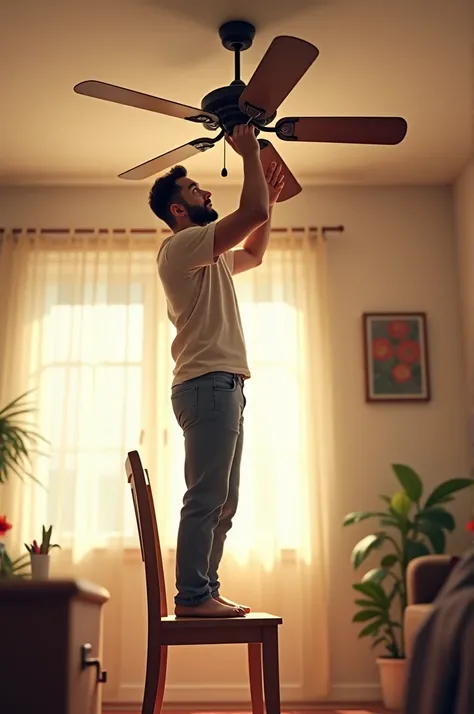 A man Standing on a Chair and he is cleaning his home Fan 