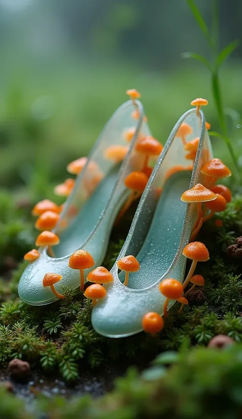 Glass shoes overgrown with mushrooms .  Background wet grass after rain.