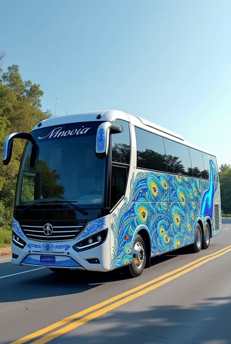 create a vip ac tourist luxury bus in blue and white color texture peacock picture drawn in its outer body can be viewd from all side full bus