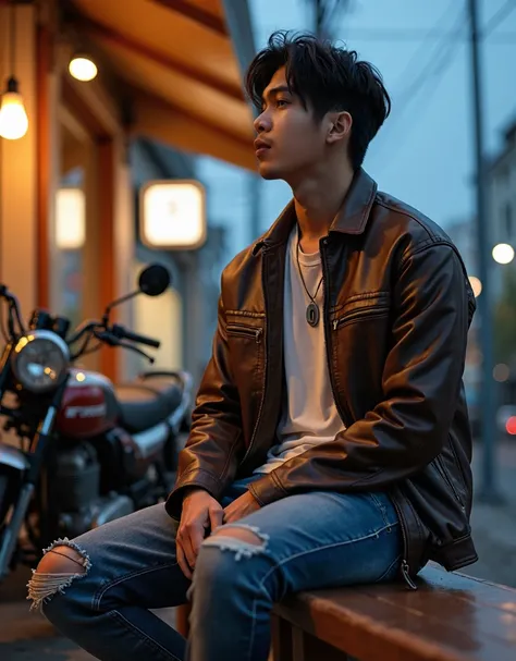 1 man, Sitting on a bench in front of the cafe, wearing a brown leather jacket, a white t-shirt with a silver pendant necklace, ripped jeans, brown boots, sitting looking at the calm twilight sky filled with street lights. In front of the sidewalk there is...