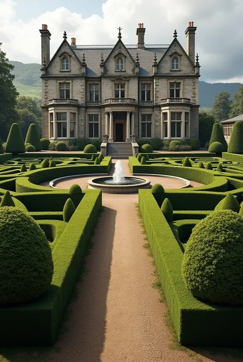  an imposing 19th century Scottish mansion ,  surrounded by extensive carefully planned gardens . Ahead,  a majestic maze of tall, well-equipped shrubs where a small fountain adds an enchanting touch. Next door ,  a corral houses Clydesdale horses watched ...