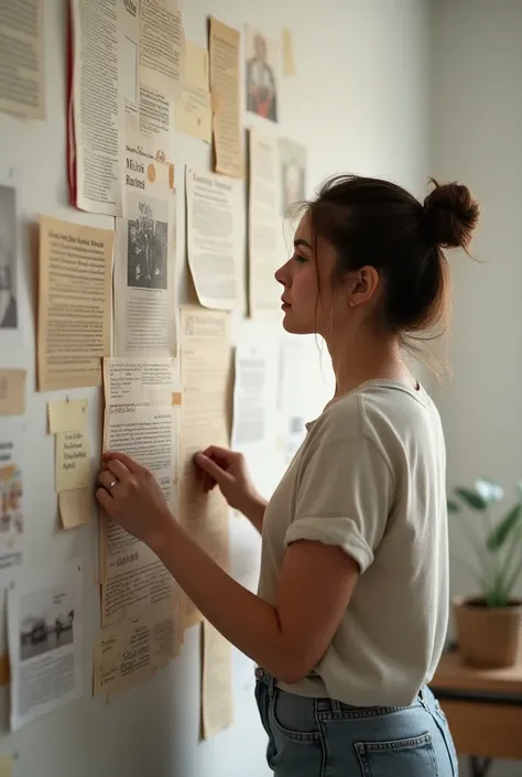 picture of a woman sticking paper on the wall