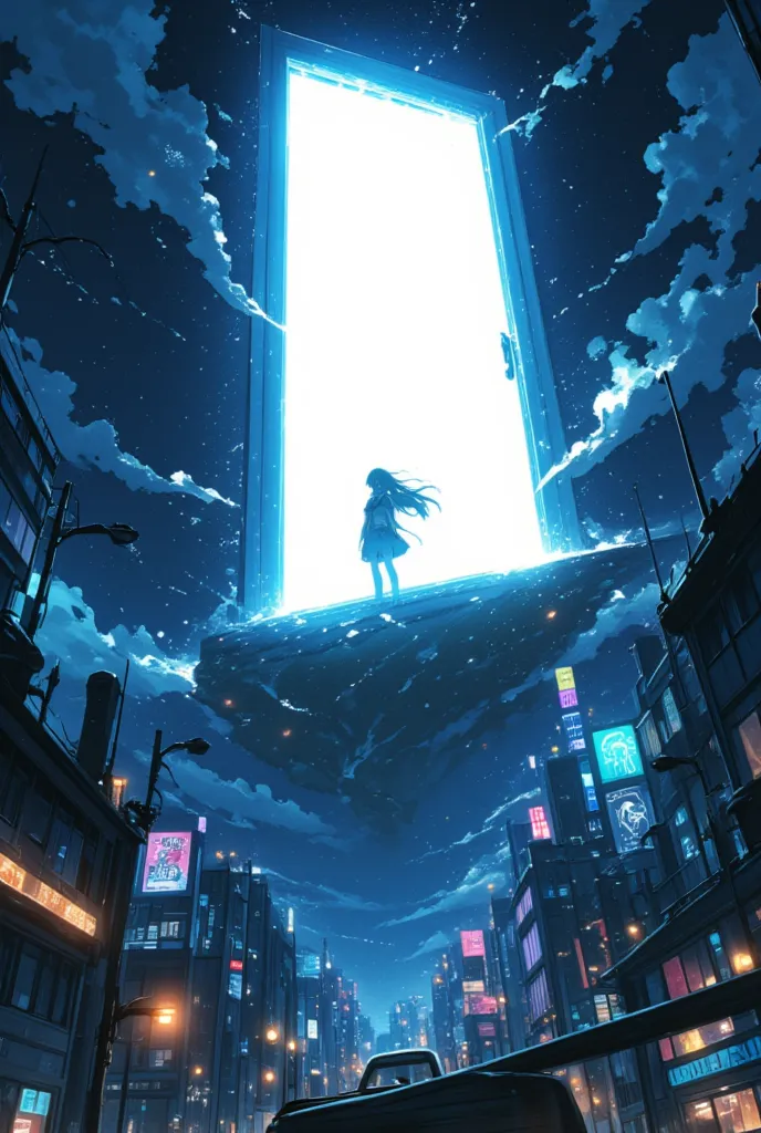 anime style, detailed fantasy art, a white door suddenly appears in the sky above tokyo late at night. only the door is floating...