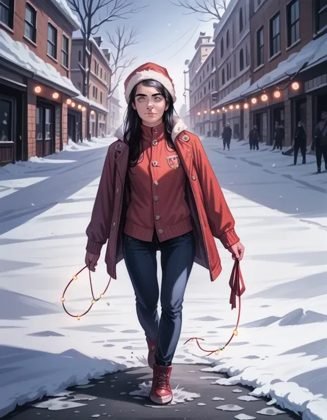 a young girl with long black hair walking through a winter street, detailed face and eyes, elaborate clothing, snow falling, christmas lights, warm color tones, cinematic lighting, (best quality,8k,highres,masterpiece:1.2),ultra-detailed,(realistic,photore...