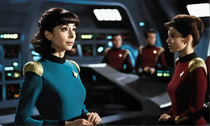 Cristin Milioti (sexy star fleet minidress uniform, 60s scifi hairdo) is on the bridge of the enterprise, an Alien energy has opened a portal to a medieval fairy tale dimension large and inviting
